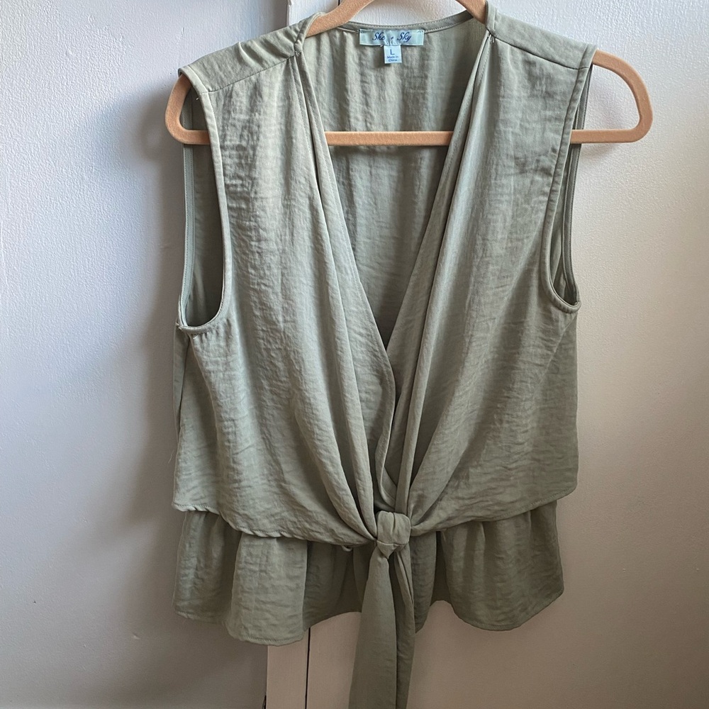 She + Sky Green Sleeveless Tie-Front Blouse